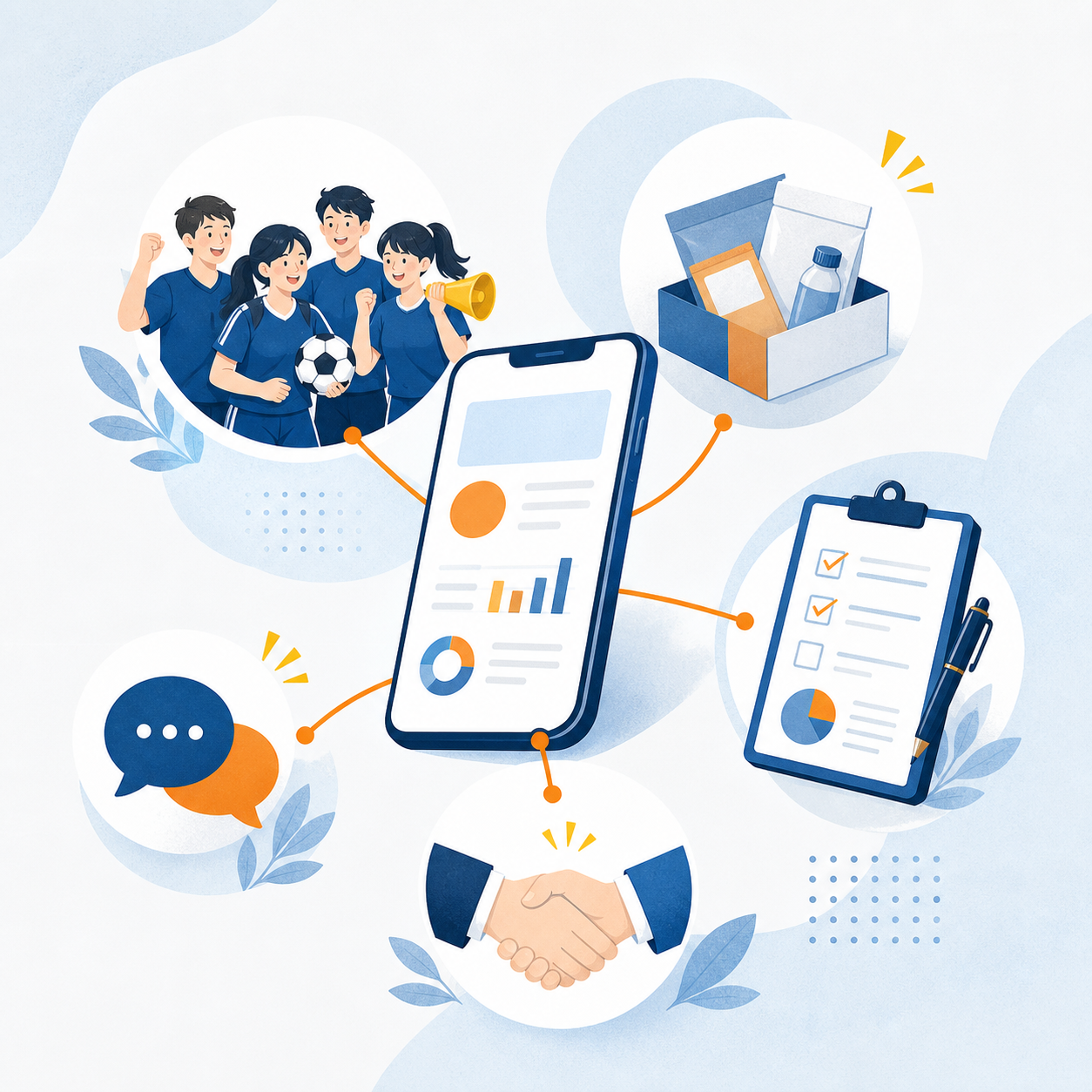 スマートフォンを中心に企業と部活動の施策が広がるイメージ